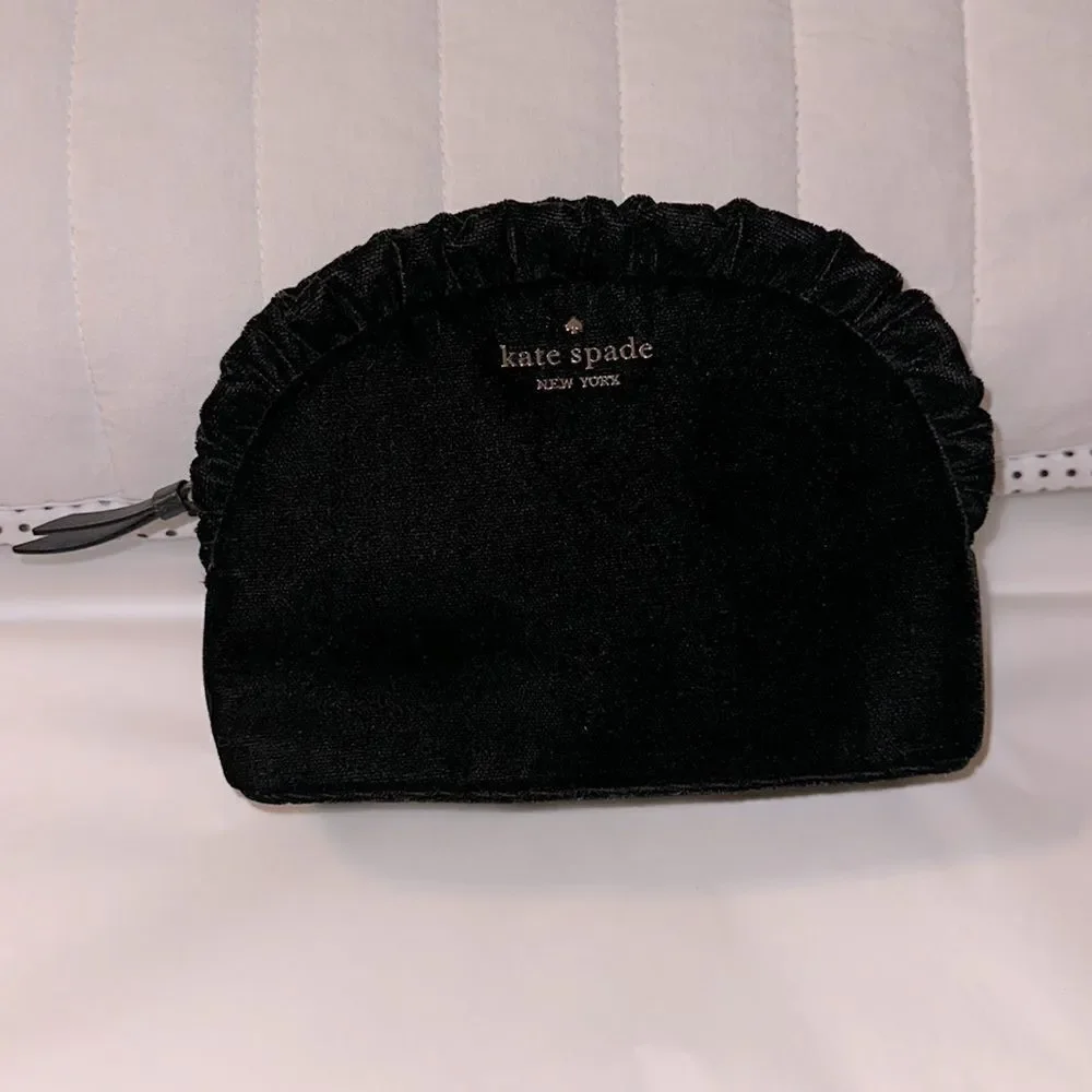 kate spade Black Velvet Ruffle Gold Tone Briar Lane Cosmetic Bag